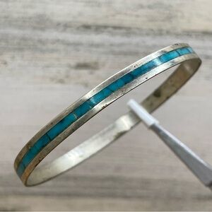 Beautiful Unsigned Vintage Mexico 925 Silver Turquoise Bangle Bracelet
